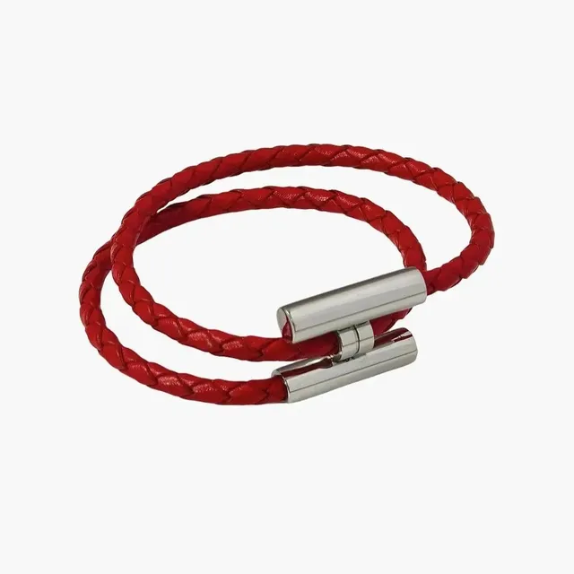 Chrome Hearts Braided Leather Bracelet Red with Silver Clasp