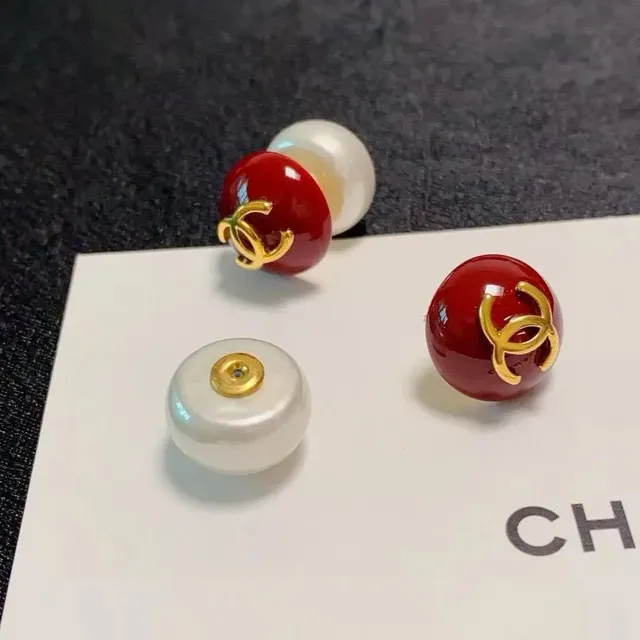 Chanel Pearl and Enamel Earrings Red and White Pearl with CC Logo