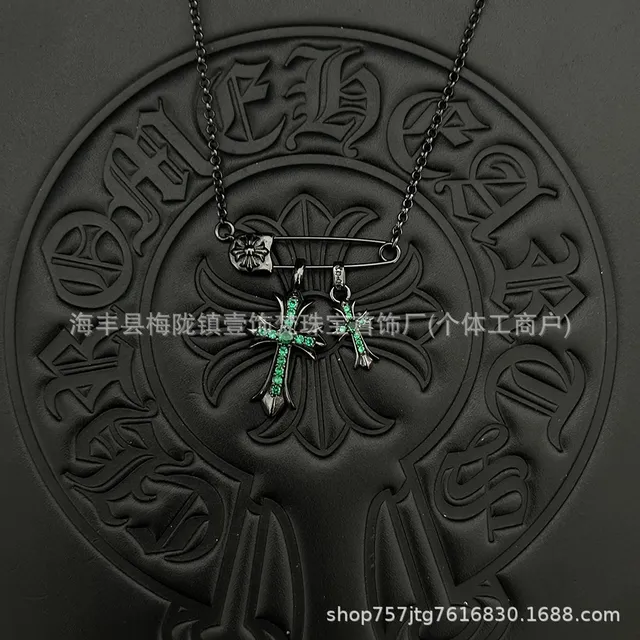 Chrome Hearts Cross Pendant Necklace Emerald-Set Cross with Safety Pin