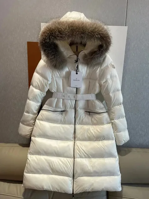 Moncler Long Puffer Coat Fur-Trimmed Hood with Belt
