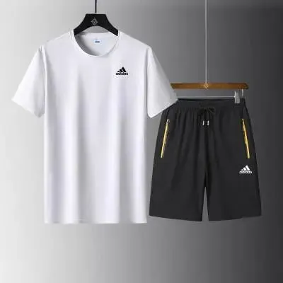 Adidas T-Shirt and Shorts Set White/Black with Gold Accents