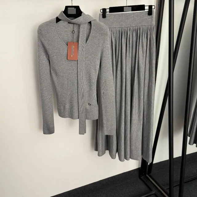 Knit Top and Pleated Skirt Set Heather Grey