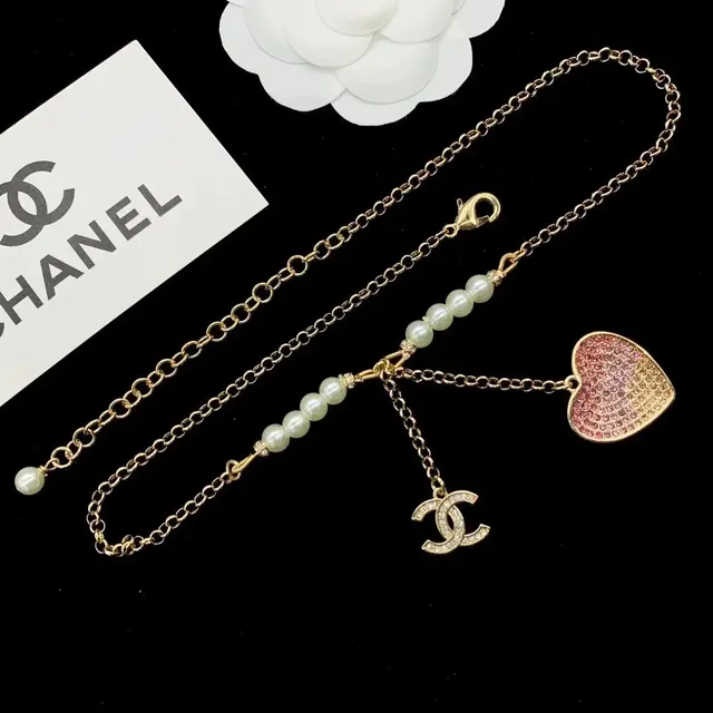 Chanel Chain Necklace Pearl and Crystal Heart