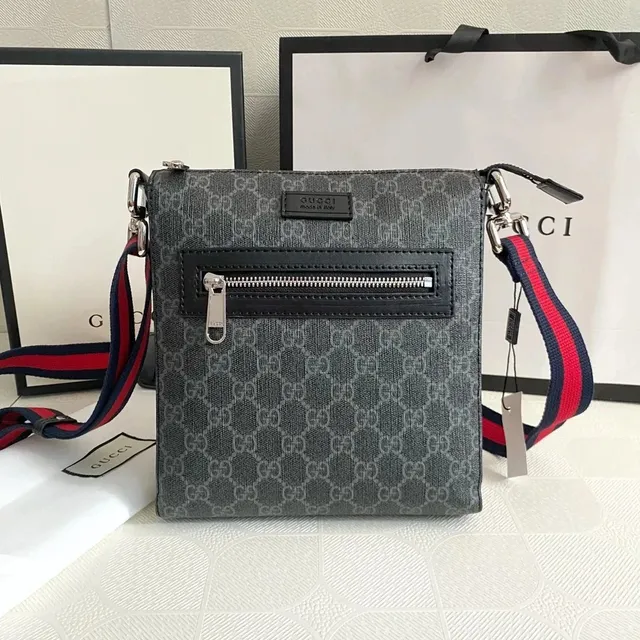 Gucci Web Stripe Crossbody Bag GG Supreme Canvas Grey