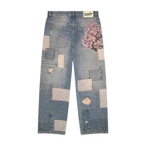 Derschutze Patchwork Jeans Cherry Blossom Print