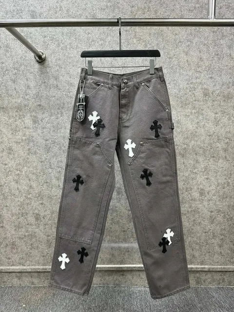 Chrome Hearts Cross Patch Jeans Grey with Black and White Crosses