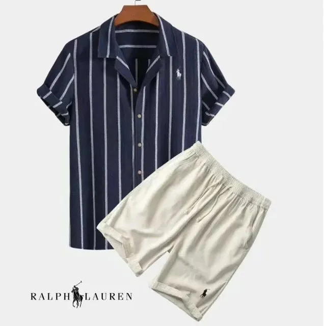Polo Ralph Lauren Striped Shirt & Shorts Set Navy Stripe with Beige Shorts