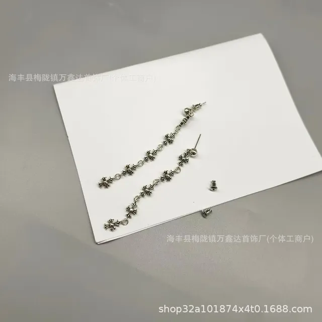 Chrome Hearts Cross Chain Earrings Silver Cross Motif