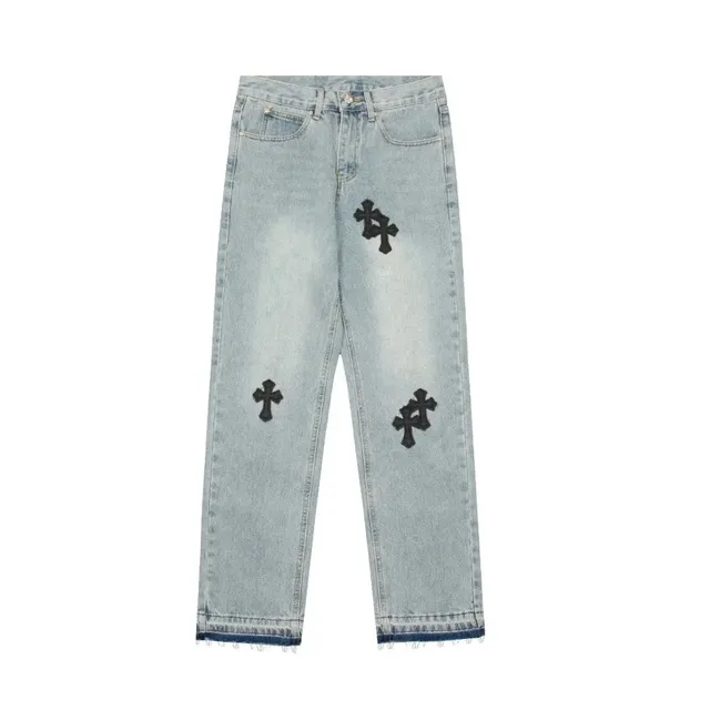Chrome Hearts Cross Patch Jeans Light Wash with Black Cross Embroidery