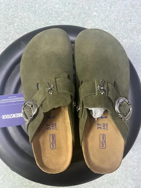 Birkenstock Boston Clog Olive Suede with Chrome Hearts Hardware