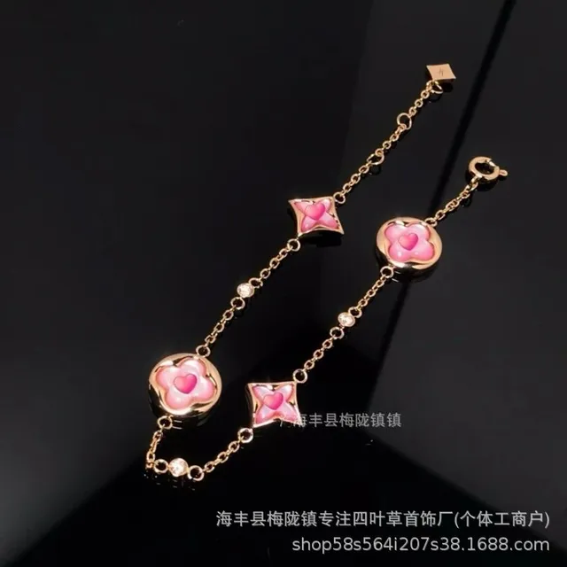 Swarovski Flower Heart Charm Bracelet Pink Enamel Hearts
