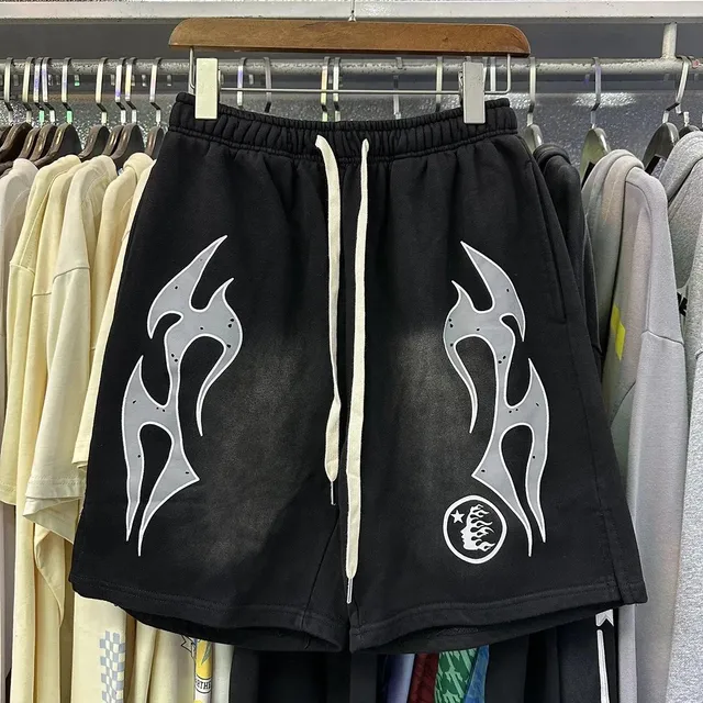 Hellstar Flame Graphic Shorts Black with Silver Flame Print