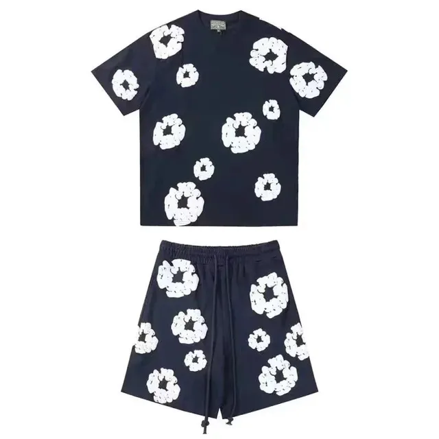 Off-White Scrunched Flower Set Navy with White Floral Appliqué