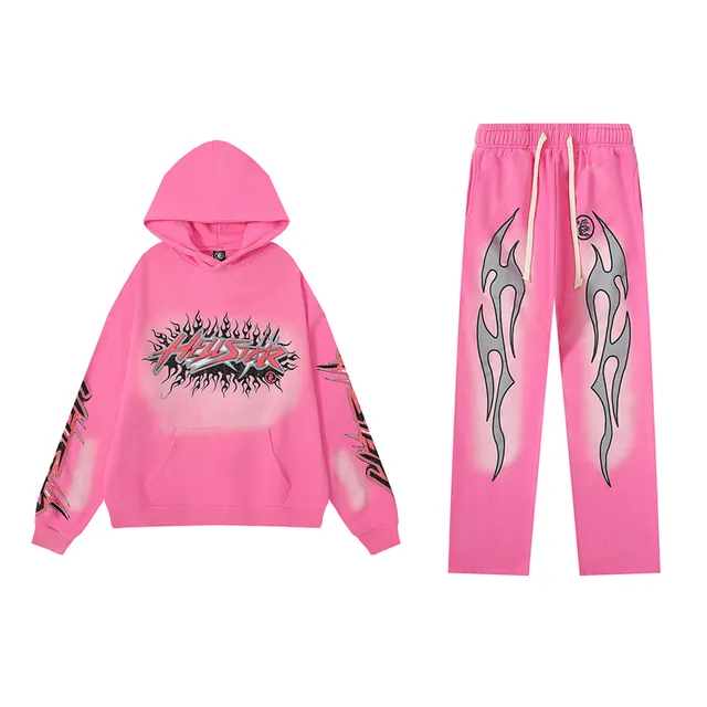 Hellstar Flame Graphic Hoodie and Joggers Set Pink Flame Print