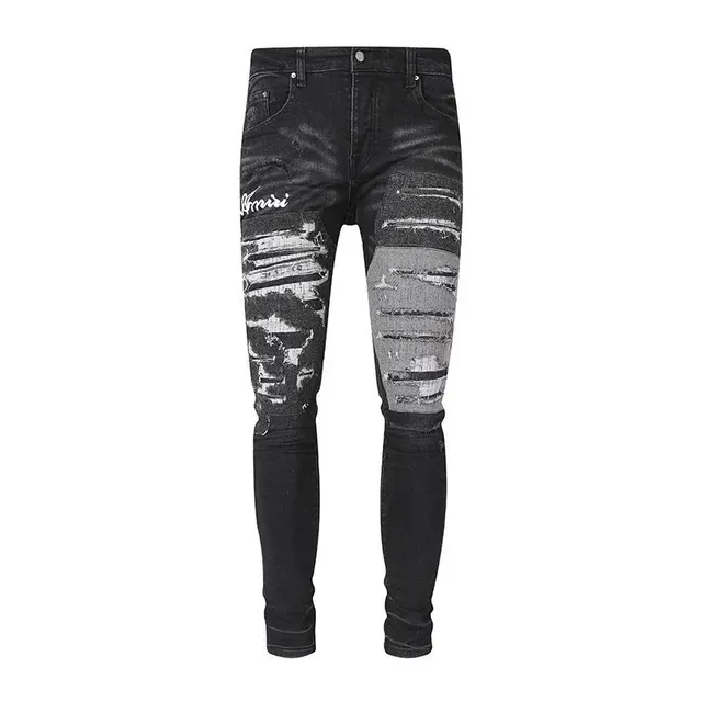 Amiri Distressed Skinny Jeans Skull Print Patchwork