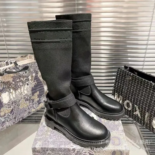 Knit-Top Combat Boot Black Knit Cuff