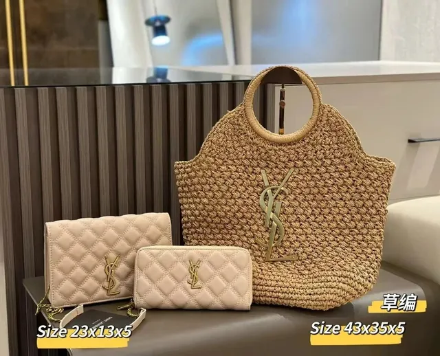 Saint Laurent Raffia Tote and Quilted Leather Sets Beige with Gold Hardware