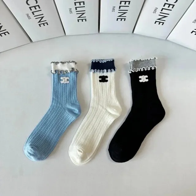Celine Ribbed Sock CC Logo Ruffled Cuff