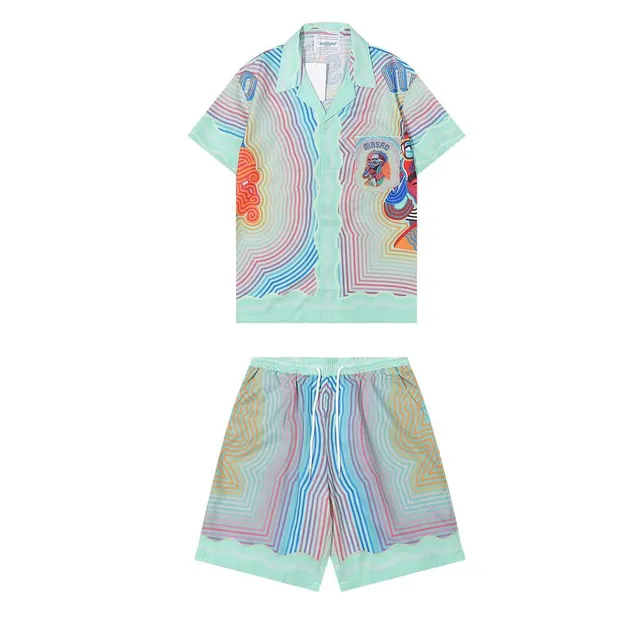 Maison Margiela Printed Camp Collar Shirt and Shorts Set Psychedelic Wave Print
