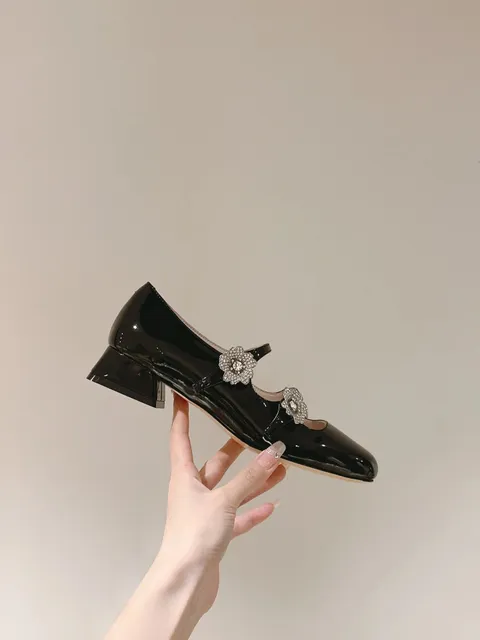 Mary Jane Heel Crystal Flower Embellished
