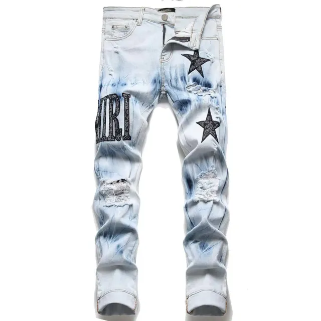 Distressed Denim Jeans Tie-Dye Wash with Embroidered Stars and Logo