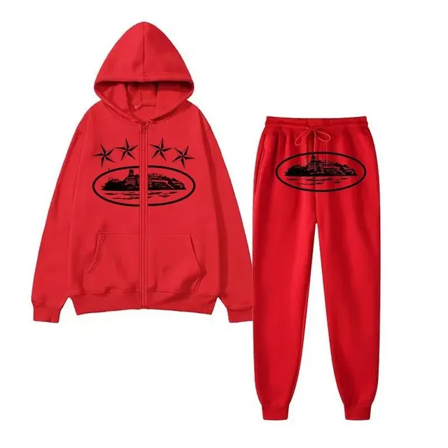 Zip-Up Hoodie and Joggers Set Red with Black Graphic