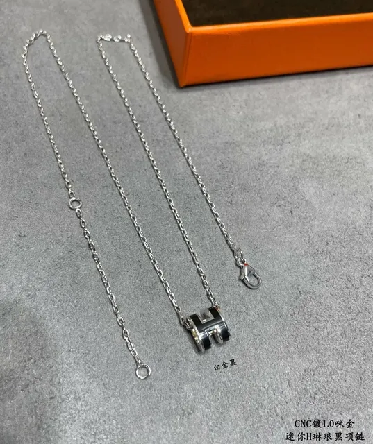 Hermès Mini H Pendant Necklace Enamel Black and Silver