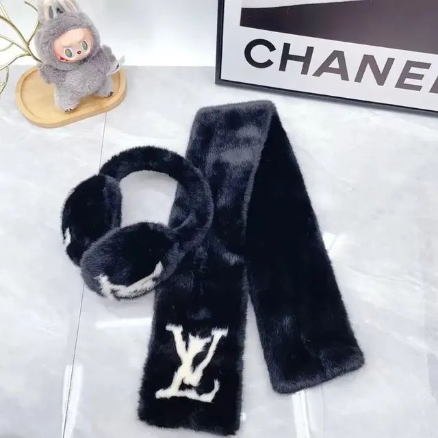 Louis Vuitton Faux Fur Scarf and Earmuffs Set LV Monogram