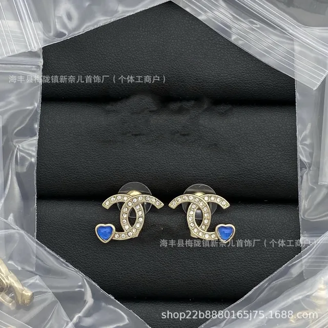 Chanel CC Logo Stud Earrings Crystal-Embellished with Blue Heart