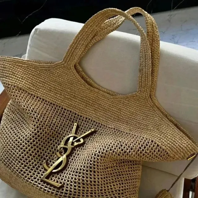 Saint Laurent Raffia Tote Gold YSL Logo