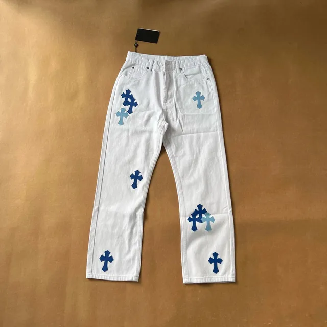 Chrome Hearts Cross Patch Jeans White with Blue Crosses