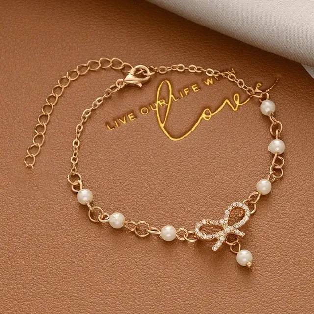 Pearl Bow Bracelet Crystal Bow Charm