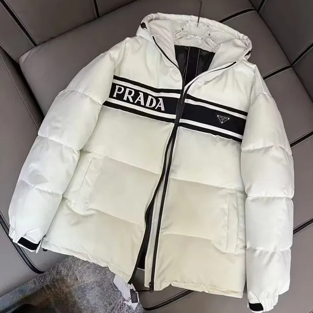 Prada Logo-Strip Puffer Jacket White with Black Racing Stripe