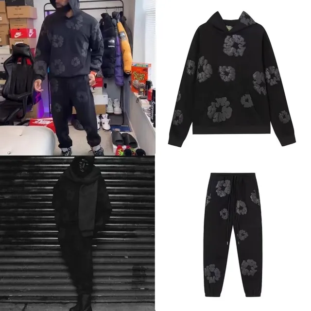 Off-White Floral Hoodie and Joggers Set Black with Grey Floral Print