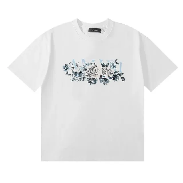 Amiri Floral Logo Tee White with Blue Floral Print
