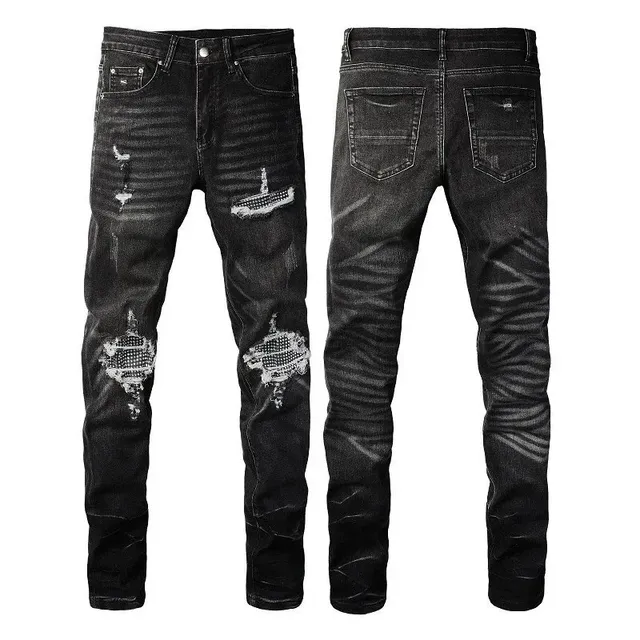 Distressed Slim Fit Jeans Ripped with Mesh Patch Detail