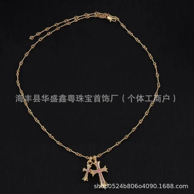 黄金淡粉双十字架项链