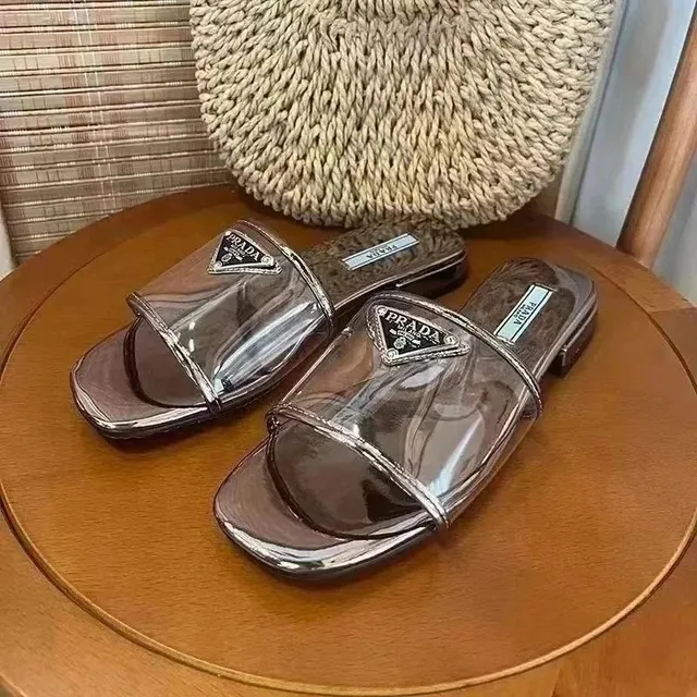 Prada Clear Strap Slide Transparent PVC with Metal Triangle Logo