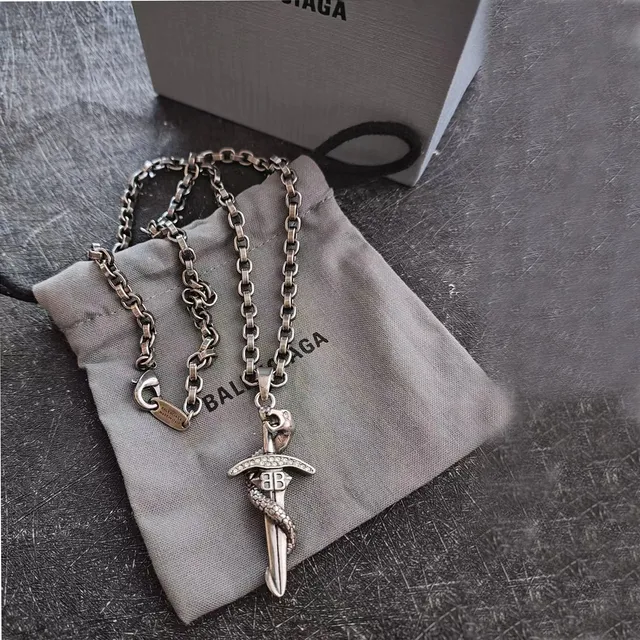 Balenciaga Sword Pendant Necklace Silver Tone with Crystal Accents