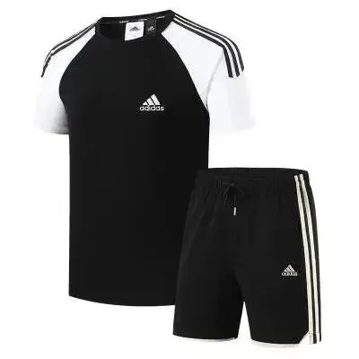Adidas Raglan Tee and Shorts Set Black/White 3-Stripes