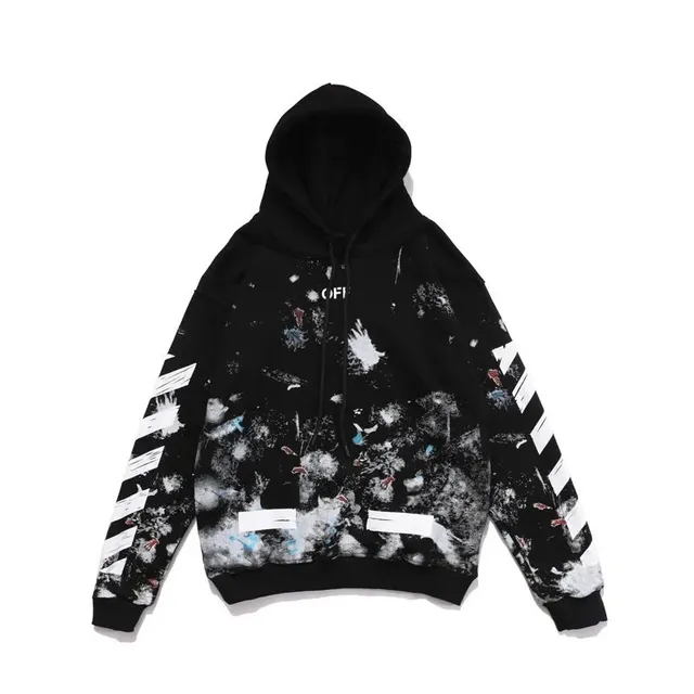 Off-White Paint Splatter Hoodie Black with White Diagonal Stripes and Paint Effects