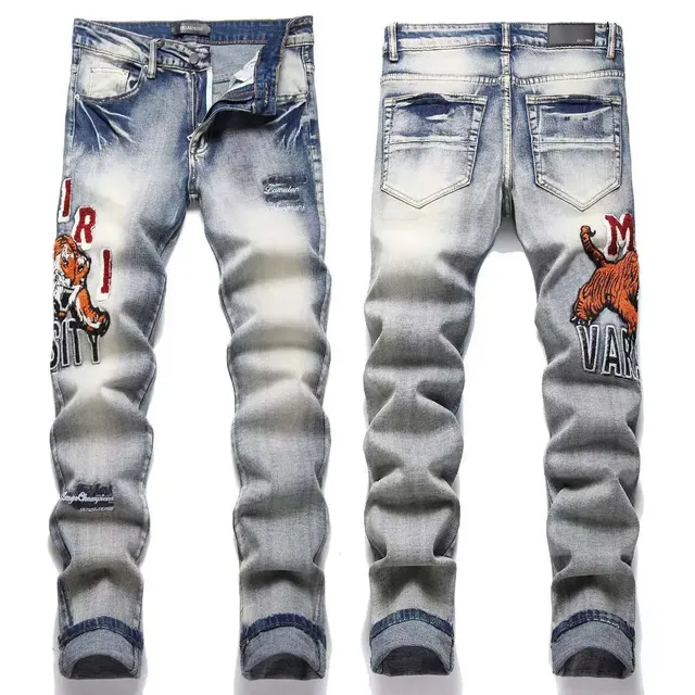 Slim Fit Jeans Tiger Embroidery Distressed