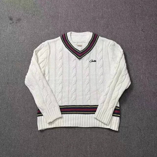 Corteiz V-Neck Cable Knit Sweater Tennis Stripe Trim
