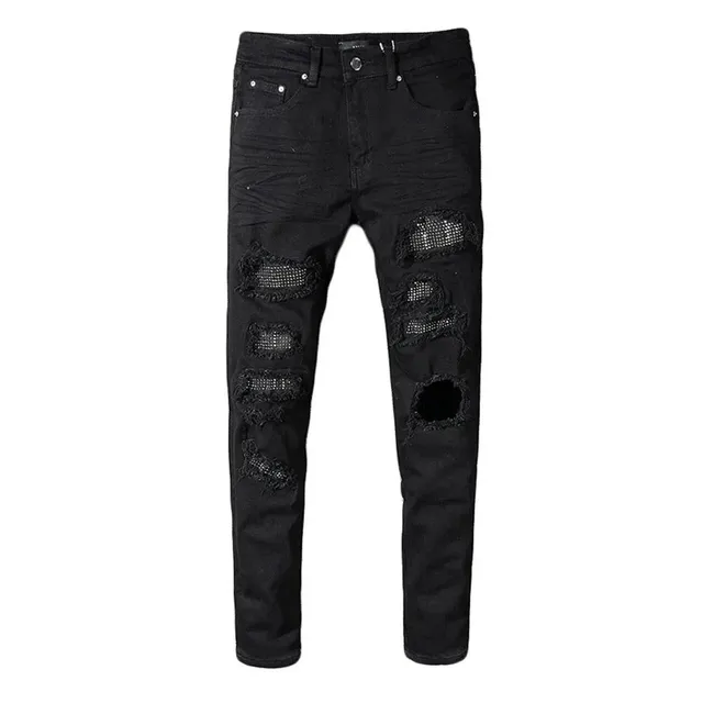 Distressed Slim Fit Jeans Ripped with Mesh Patch