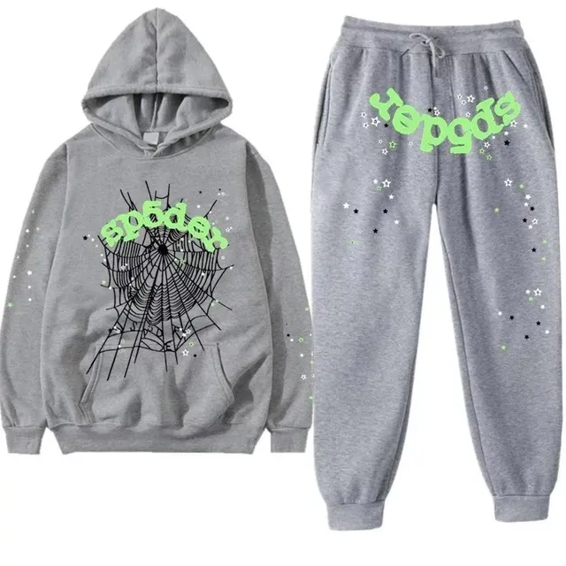Sp5der Spider Web Hoodie and Joggers Set Neon Green Spider Logo