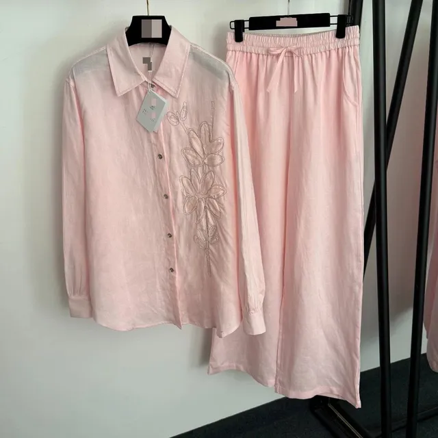 Linen Shirt and Pants Set Floral Embroidered