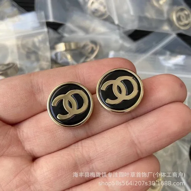 Chanel CC Logo Stud Earrings Black Enamel Gold Tone