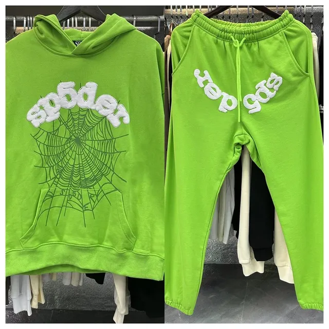 Sp5der Spider Web Hoodie and Joggers Set Neon Green with White Embroidered Logo