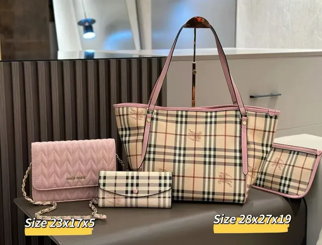 Burberry × Miu Miu Check Tote Set Classic Check with Pink Trim