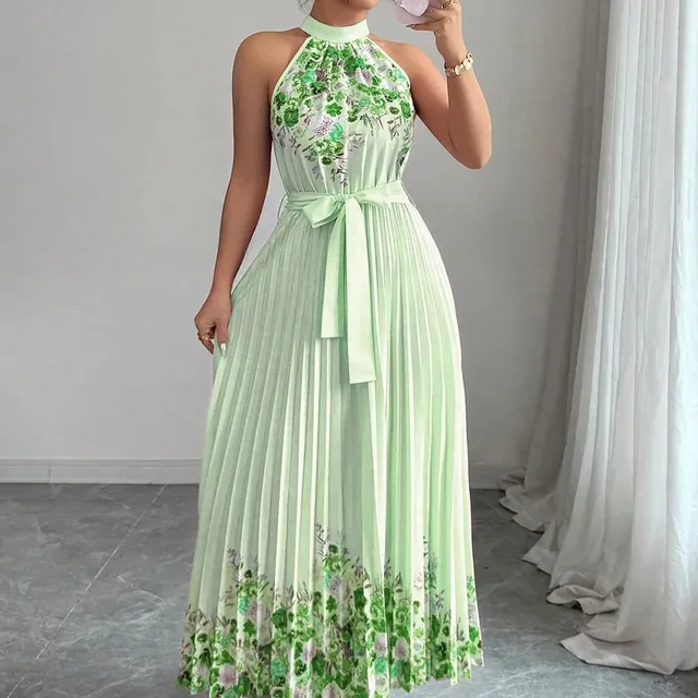 Halter Neck Pleated Maxi Dress Floral Print Mint Green